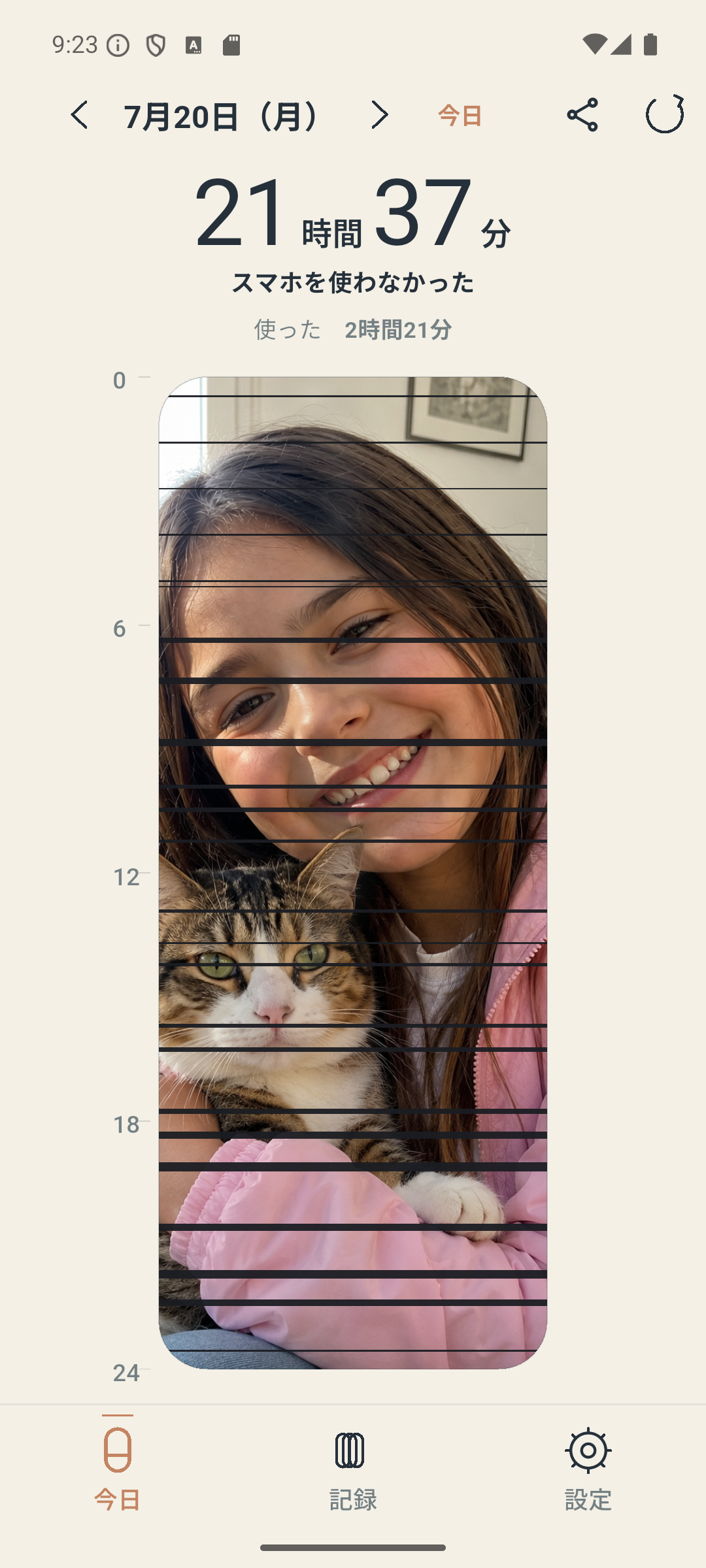 娘と猫の写真を設定した実際の今日画面