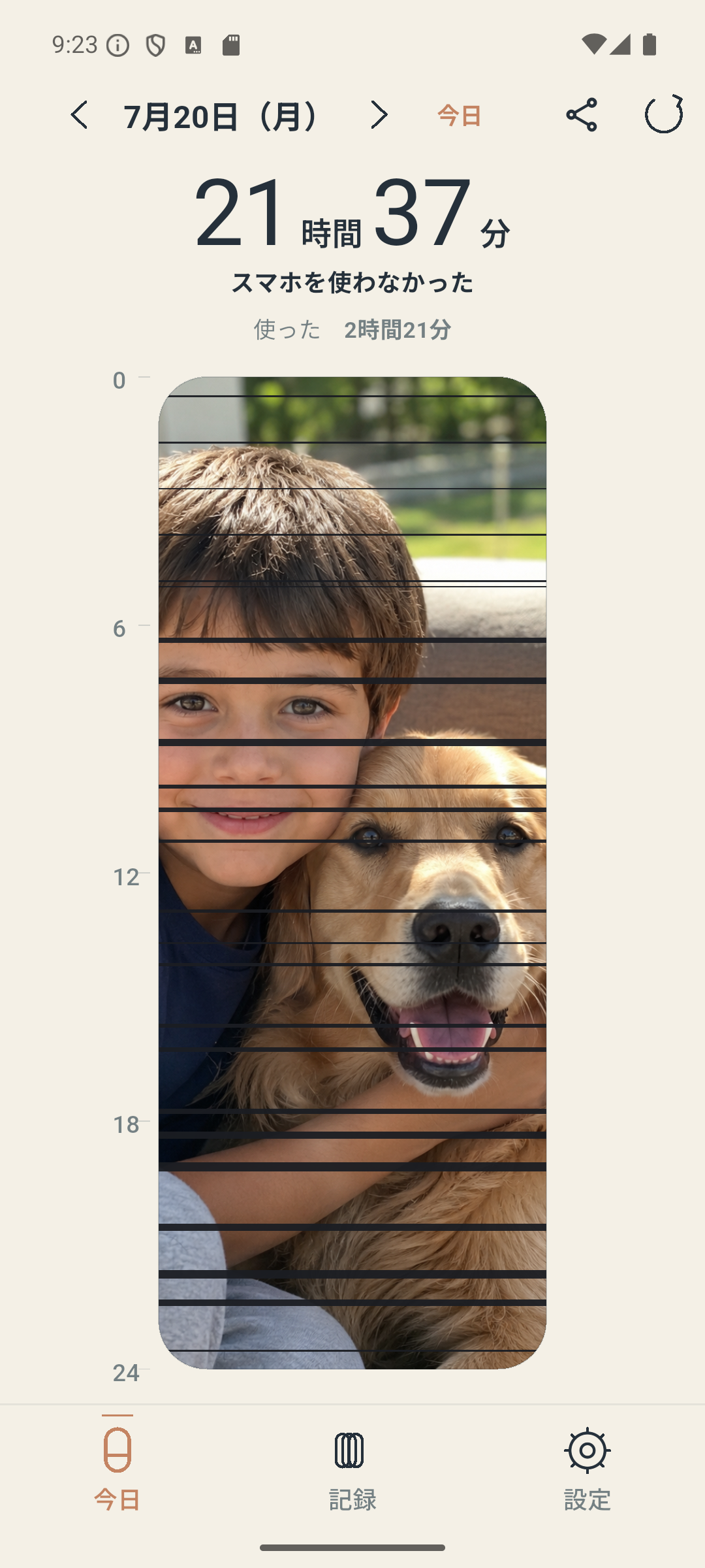 息子と犬の写真を設定した実際の今日画面